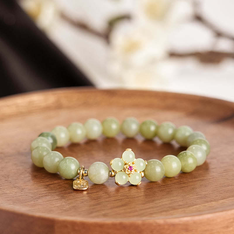 Green Jade Flower Fu Character Charm Luck Bracelet