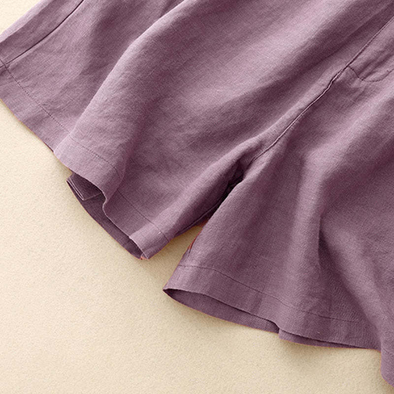 Summer Casual Embroidery Flower Pleated Zipper Button Cotton Linen Women's Shorts With Pockets