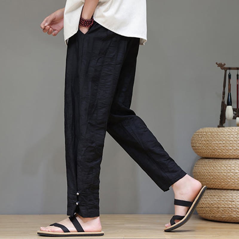 Bamboo Ankle Frog-button Drawstring Men's Pants With Pockets