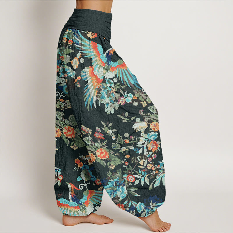 Colorful Flowers Birds Leaves Pattern Women's Elastic Waist Harem Pants
