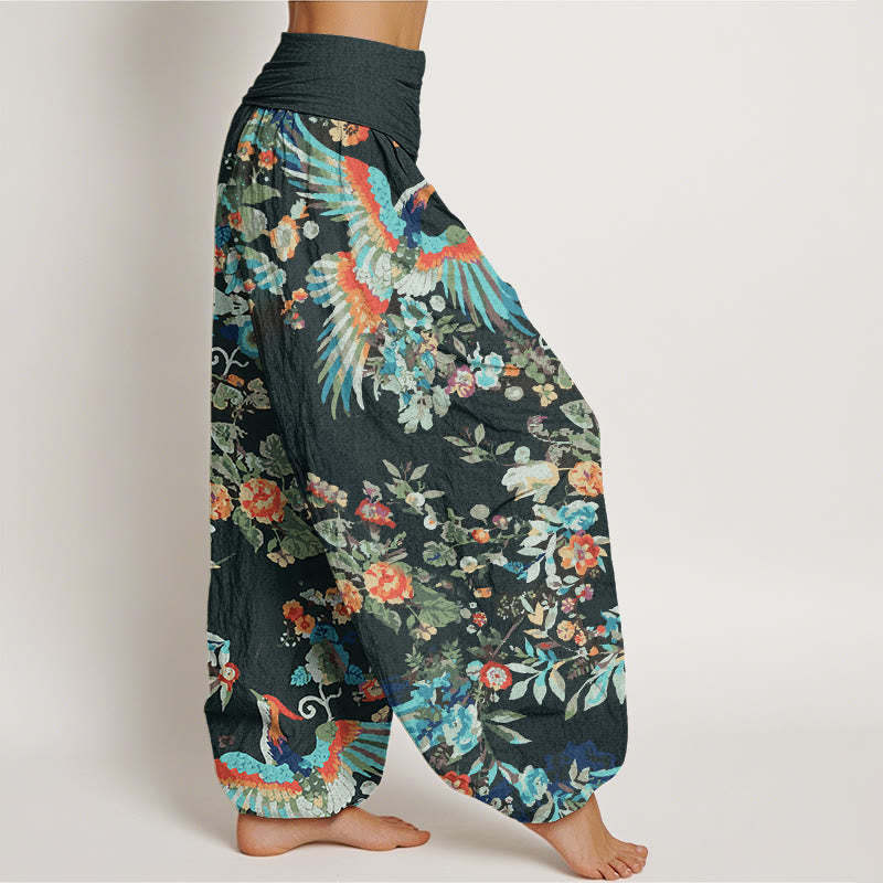 Colorful Flowers Birds Leaves Pattern Women's Elastic Waist Harem Pants