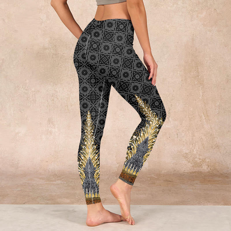 Dark Gray Geometric Gold Feather Print Gym Leggings Women's Yoga Pants