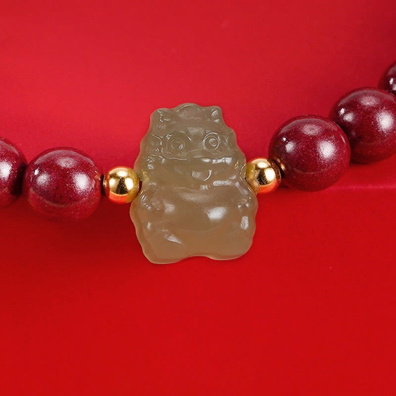 925 Sterling Silver Year of the Dragon Natural Cinnabar Hetian Jade Dragon Fu Character Ruyi As One Wishes Charm Blessing Bracelet (Extra 30% Off | USE CODE: FS30)