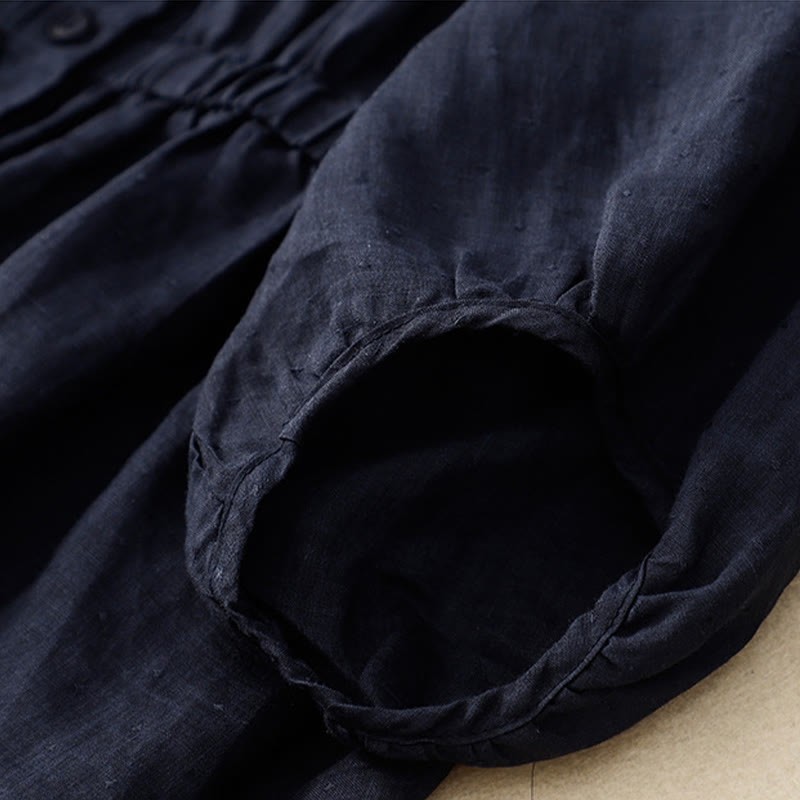 Spring Plain Button Half Puff Sleeve Waisted V-Neck Cotton Linen Women's Shirt