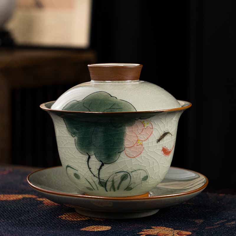 Lotus Koi Fish Pod Leaf Ceramic Gaiwan Sancai Teacup Kung Fu Tea Cup And Saucer With Lid 140ml
