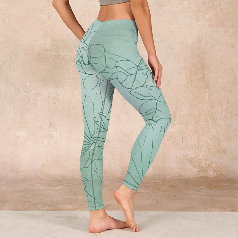 Green Lotus Flower Print Sports Leggings Women's Yoga Pants