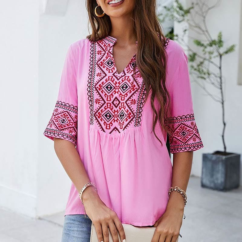 Summer Boho Embroidery Floral Pattern Half Sleeve V-neck Cotton Women's T-Shirt