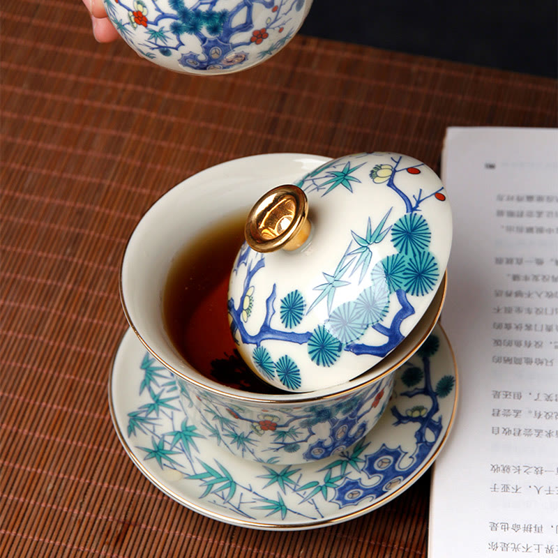 Retro Plum Blossom Pine Bamboo Phoenix Kirin Ceramic Gaiwan Sancai Teacup Kung Fu Tea Cup and Saucer with Lid