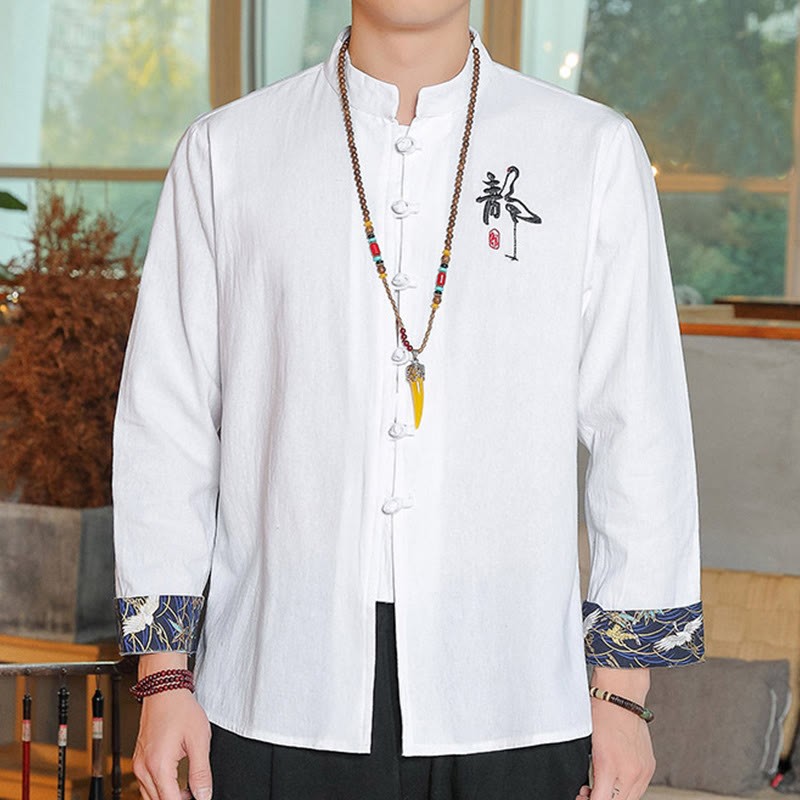 Fall Solid Long Sleeve Frog-Button Shirt Linen Men Zen Clothing