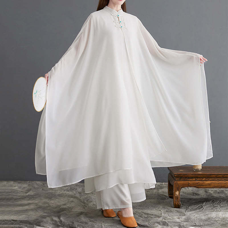 2Pcs Frog-Button Long Sleeve Midi Dress Wide Leg Pants Chiffon Zen Women's Set