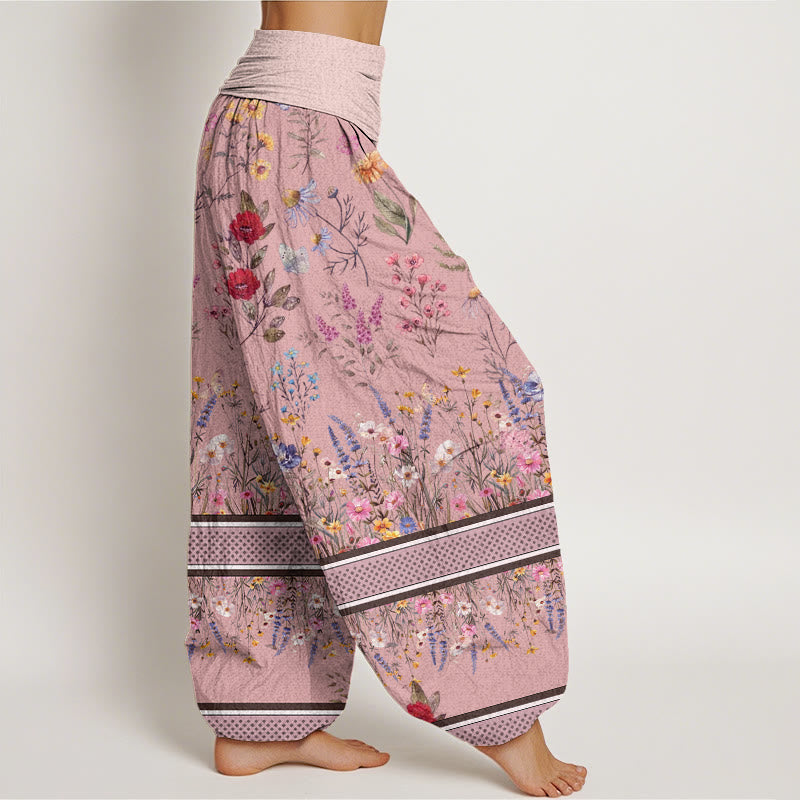 Multicolored Flowers Butterflies Design Women's Elastic Waist Harem Pants