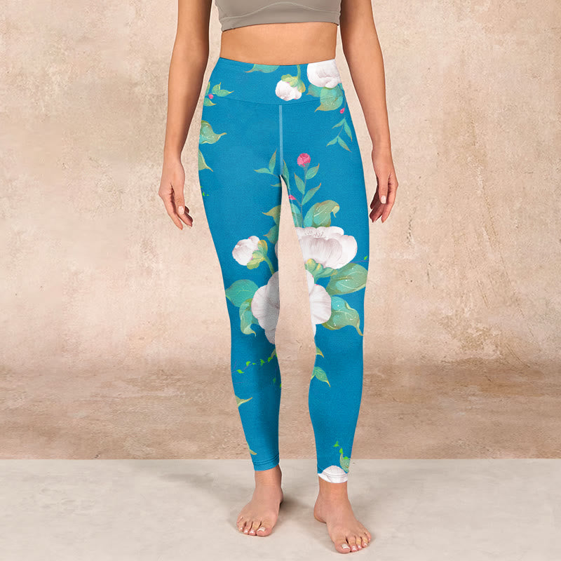 Blue White Flowers Leaves Print Sports Leggings Women's Yoga Pants