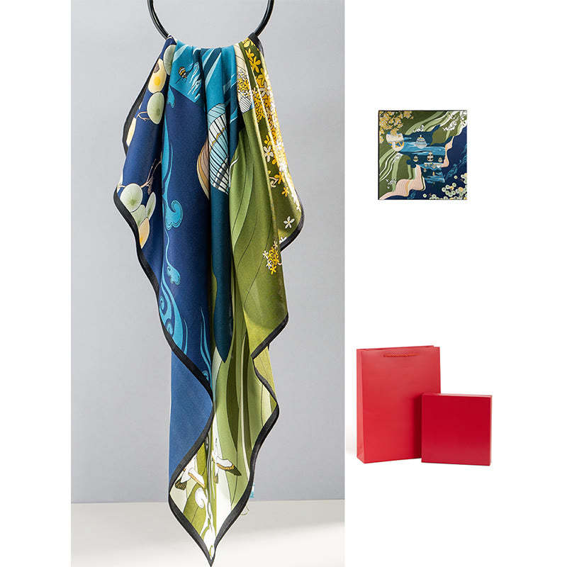 Jungle Oil Painting Auspicious Clouds 100% Mulberry Silk Scarf Premium Grade 6A Double-sided Silk Neck Scarf
