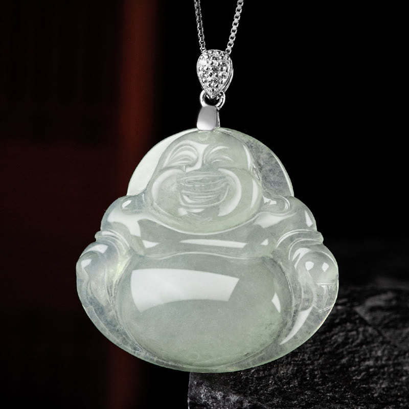 925 Sterling Silver Natural Jade Laughing mystic zen Prosperity Abundance Chain Necklace Pendant
