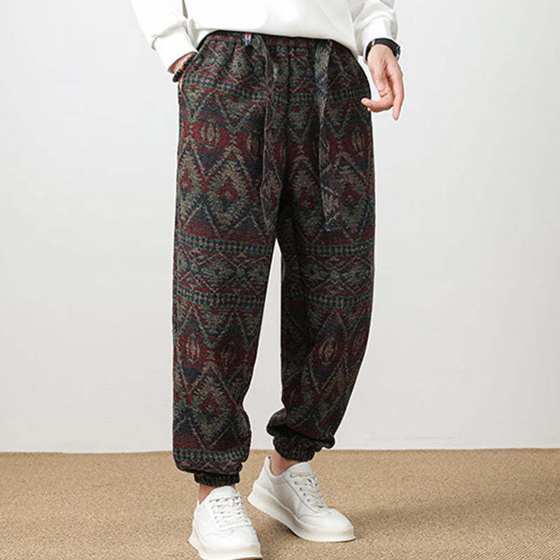 Ethnic Jacquard Knitting Drawstring Men's Pants With Pockets