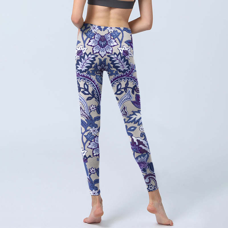 Purple Flower Leaves Print Gym Fitness Leggings Women's Yoga Pants