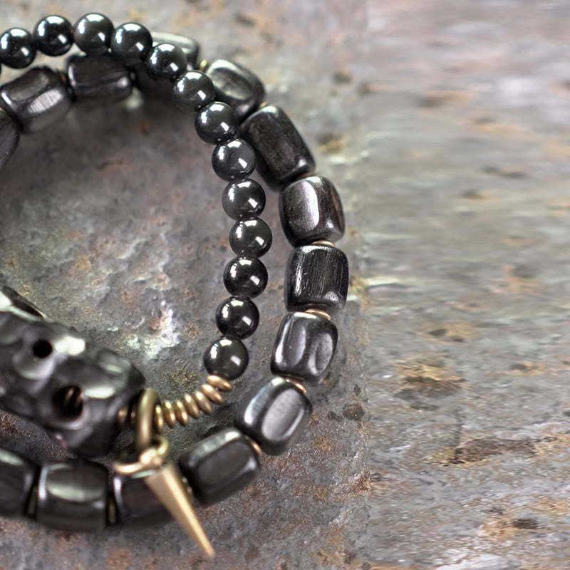 Ebony Wood Black Obsidian Copper Brass Peace Double Wrap Bracelet