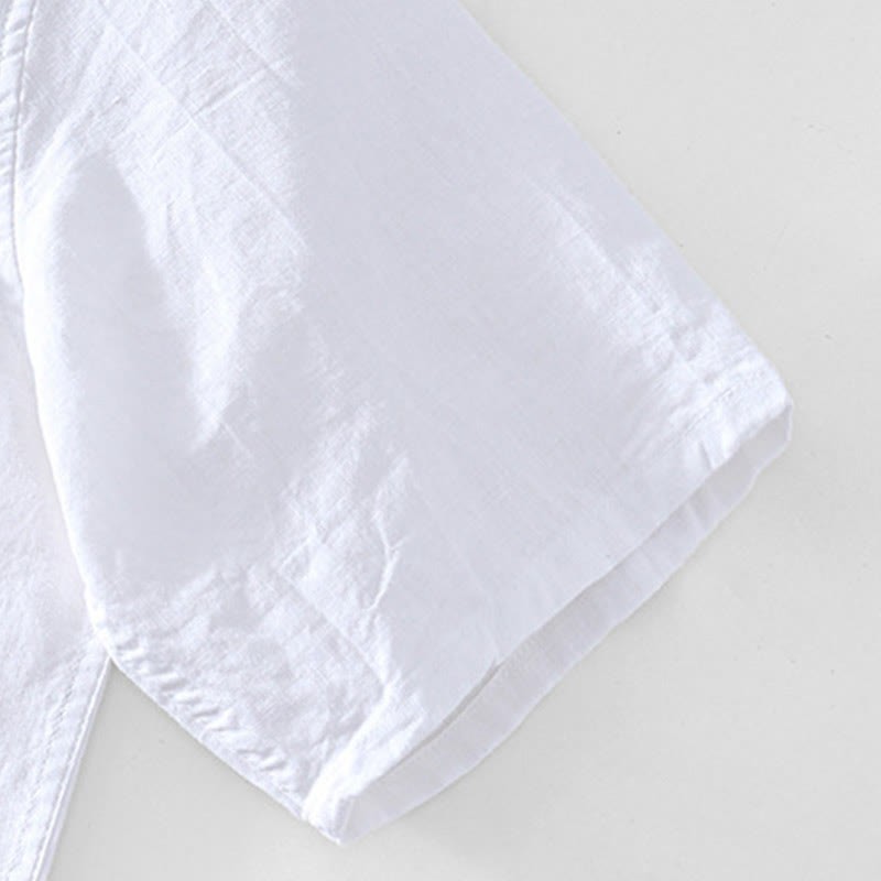 Half Button Short Sleeve V-neck Ramie Cotton Men's Shirt