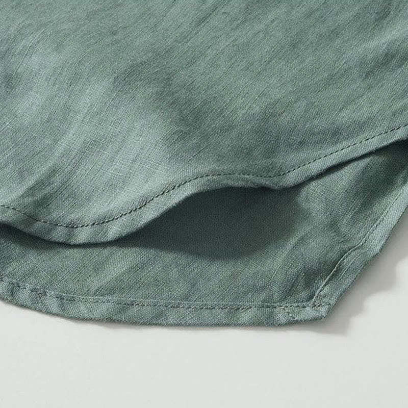 Daily Frog-Button Stand Collar Short Sleeve Linen Men's Shirt