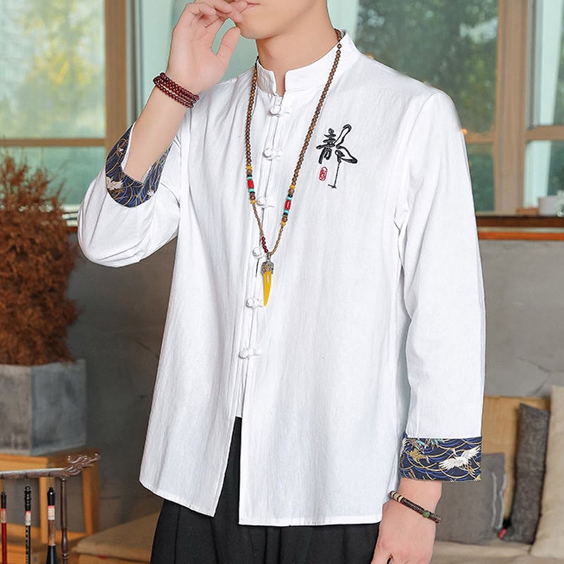 Fall Solid Long Sleeve Frog-Button Shirt Linen Men Zen Clothing