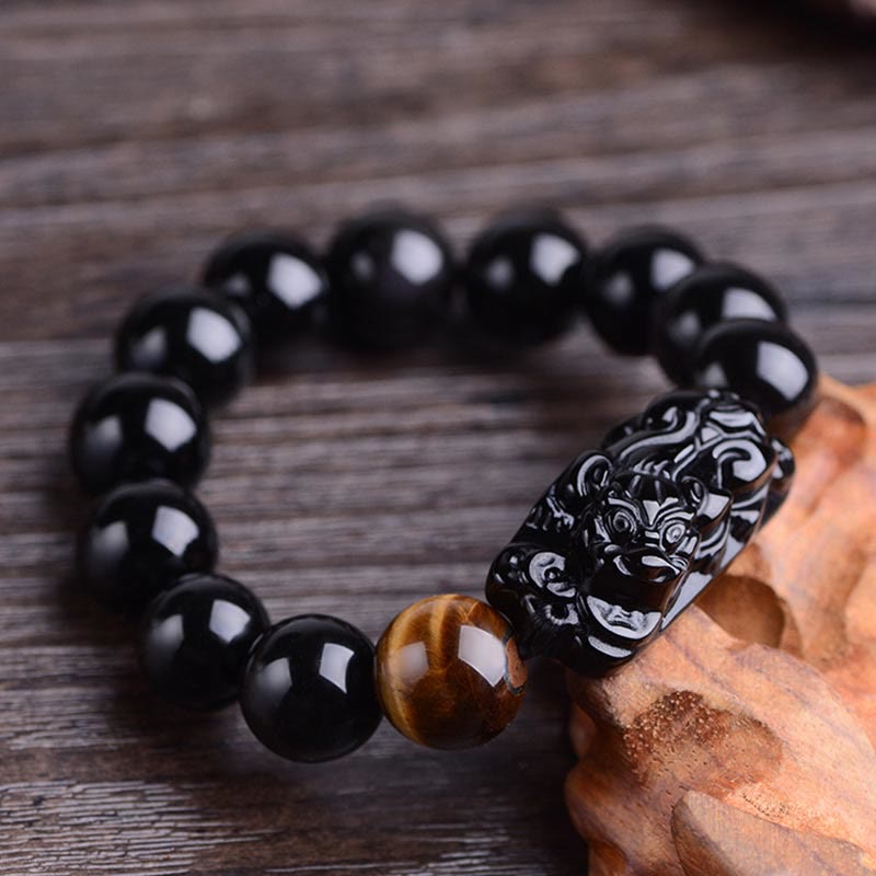 Natural Black Obsidian PiXiu Tiger's Eye Strength Bracelet