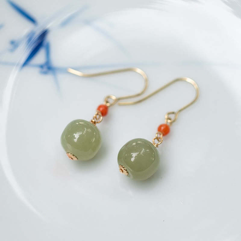 925 Sterling Silver 14K Gold Plated Hetian Jade Red Agate Luck Drop Dangle Earrings