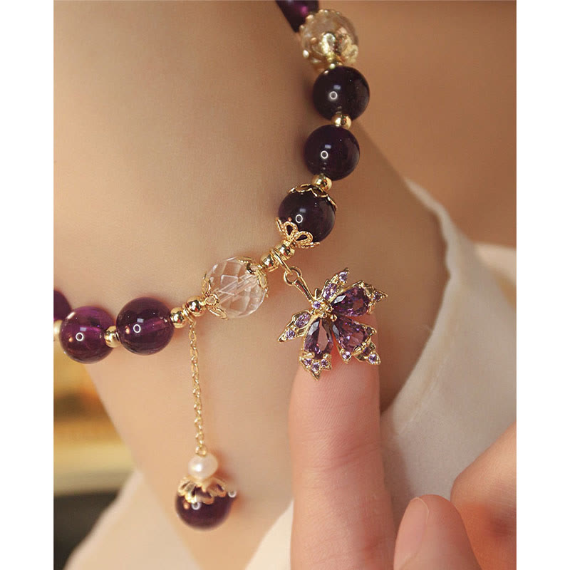 14k Gold Plated Natural Amethyst Healing Maple Leaf Charm Bracelet