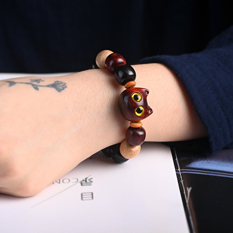 Small Leaf Red Sandalwood Ebony Wood Cute Cat Engraved Protection Bracelet