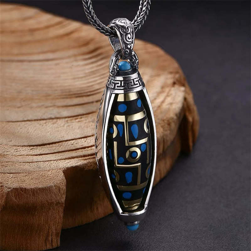 Tibetan Om Mani Padme Hum Nine-Eye Dzi Bead Pattern Peace Purity Rotatable Necklace Pendant