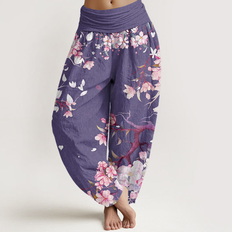 Casual Branch Peach Blossom Women's Elastic Waist Harem Pants