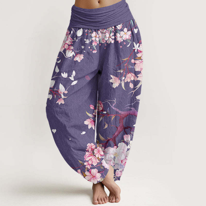 Casual Branch Peach Blossom Women's Elastic Waist Harem Pants