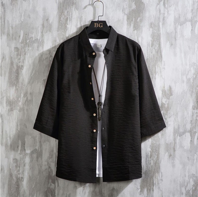 Casual Solid Color Front Button Three Quarter Sleeves Men's Shirt