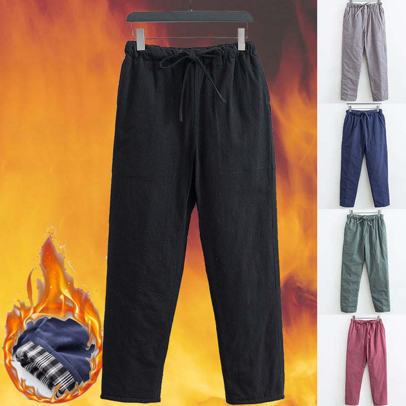 Winter Solid Men's Drawstring Cotton Fleece Lined Pants With Pockets
