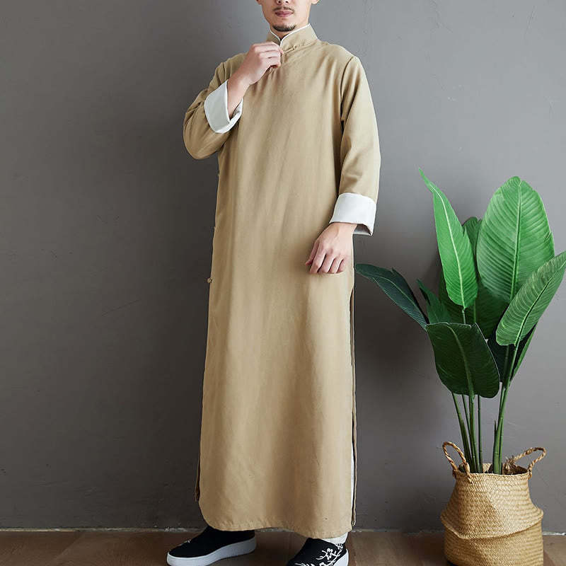 Fall Solid Color Chinese Frog-Button Cotton Men's Tang Suit Robe