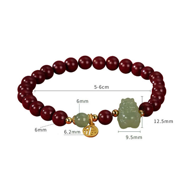 925 Sterling Silver Year of the Dragon Natural Cinnabar Hetian Jade Dragon Fu Character Ruyi As One Wishes Charm Blessing Bracelet (Extra 30% Off | USE CODE: FS30)