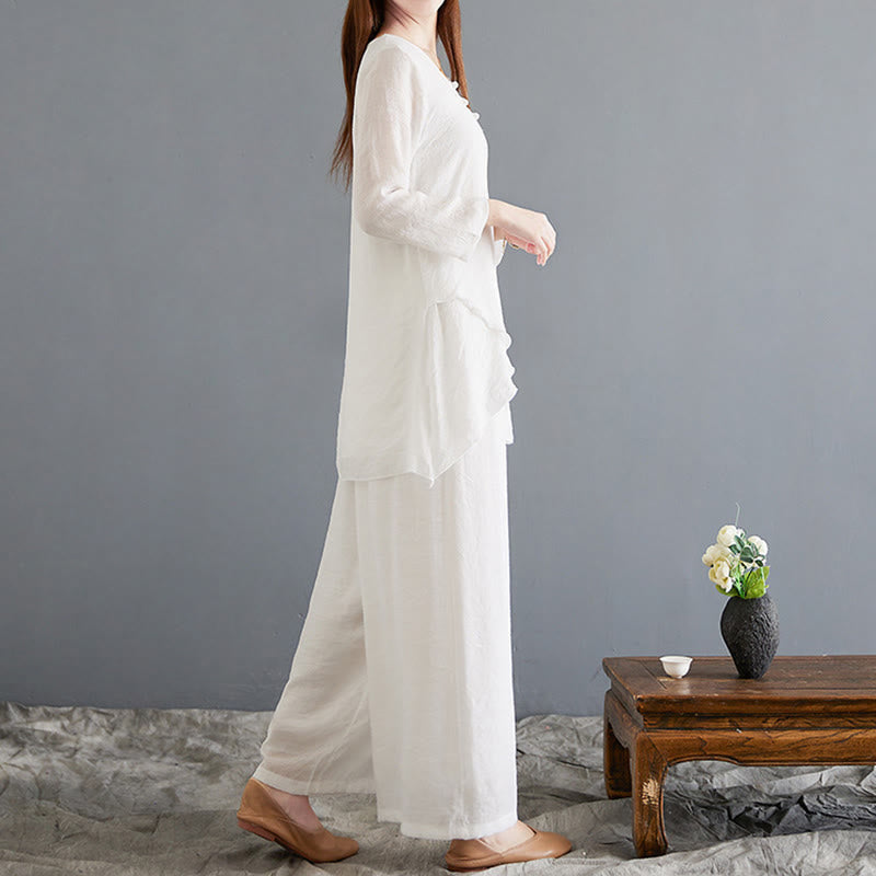 2Pcs Frog-Button Long Sleeve Shirt Wide Leg Pants Meditation Cotton Linen Clothing