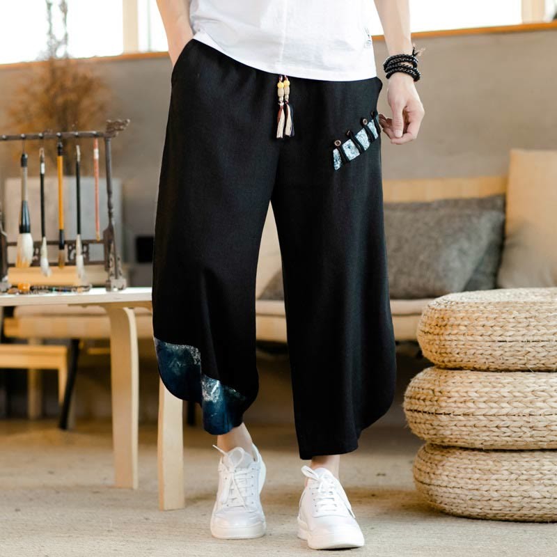 Patchwork Design Drawstring Cotton Men's Cropped Pants With Pockets