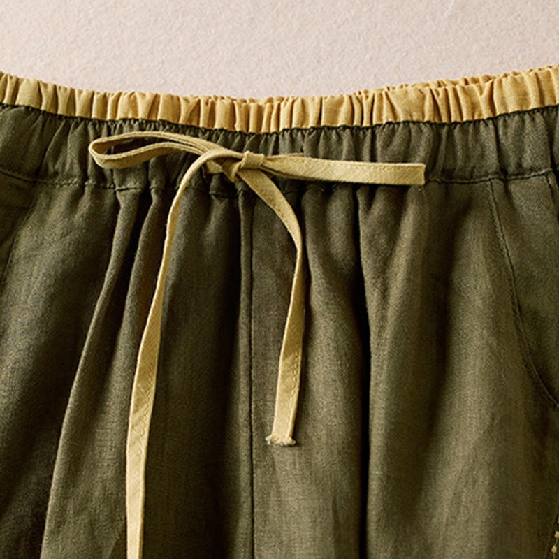 Wild Simple Design Embroidery Drawstring Cotton Linen Women's Shorts With Pockets