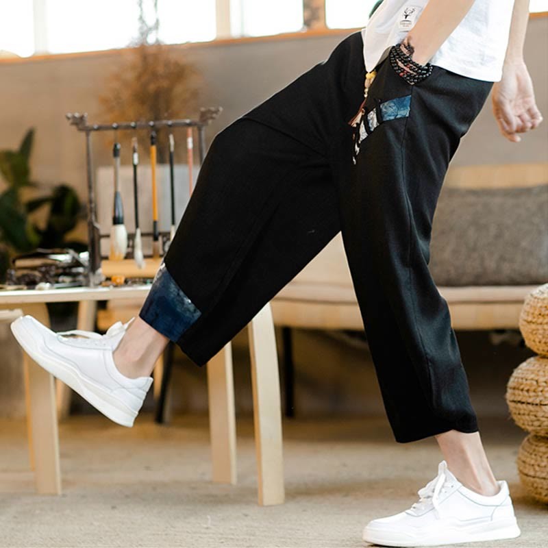 Patchwork Design Drawstring Cotton Men's Cropped Pants With Pockets