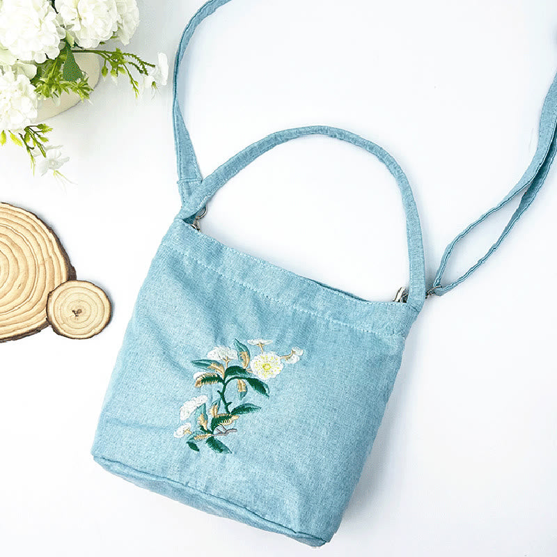 Embroidery Wisteria Plum Lotus Cherry Blossom Cotton Linen Canvas Tote Crossbody Bag Shoulder Bag Handbag