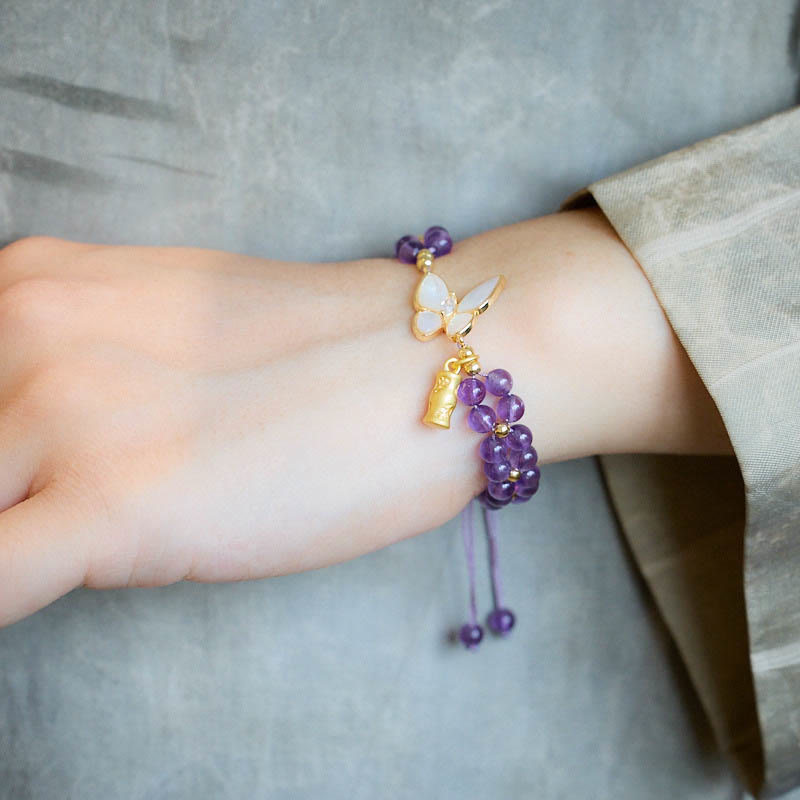 Amethyst Butterfly Bamboo Balance Relieves Stress Braided String Bracelet