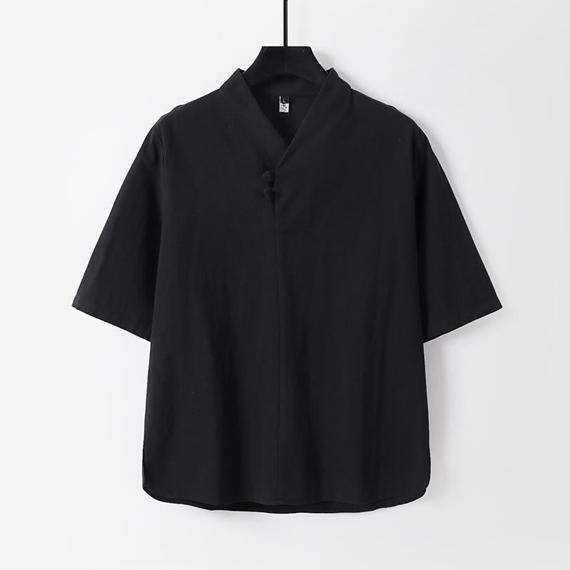 Casual Plain Color Two Buttons Three Quarter Sleeve Cotton Linen Men's Shirt