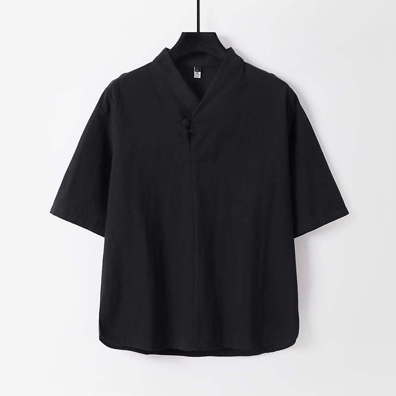 Casual Plain Color Two Buttons Three Quarter Sleeve Cotton Linen Men's Shirt