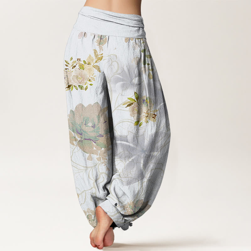 Various Flowers Leaves Pattern Women's Elastic Waist Harem Pants