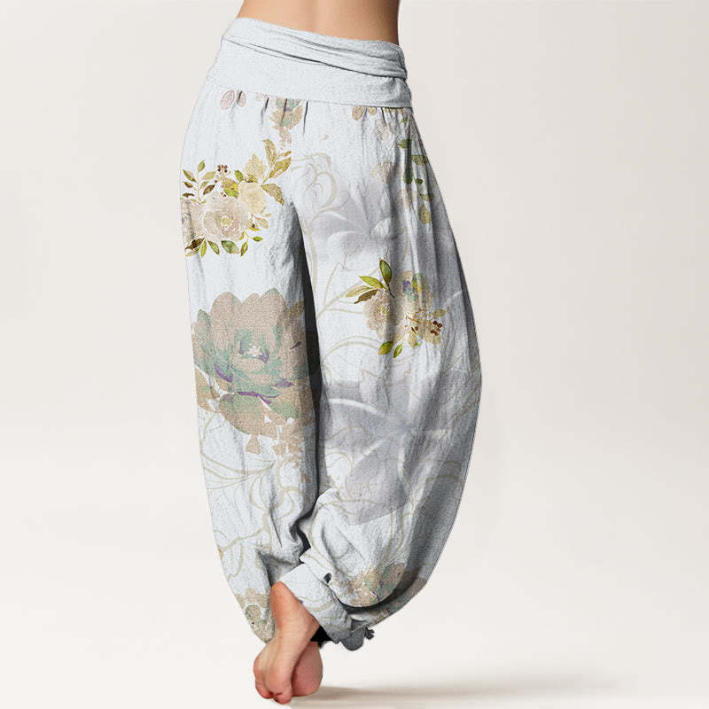 Various Flowers Leaves Pattern Women's Elastic Waist Harem Pants