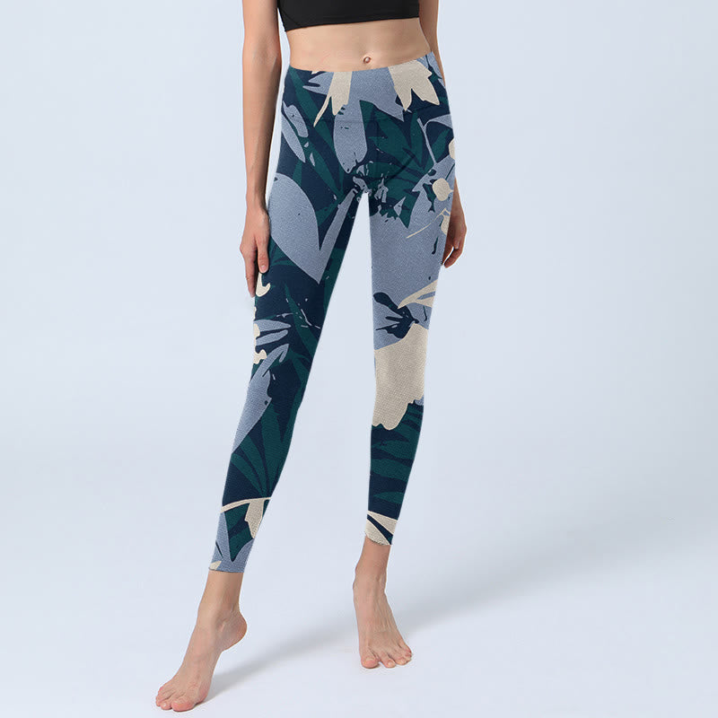 Blue Plant Leaves Print Gym Leggings Women's Yoga Pants