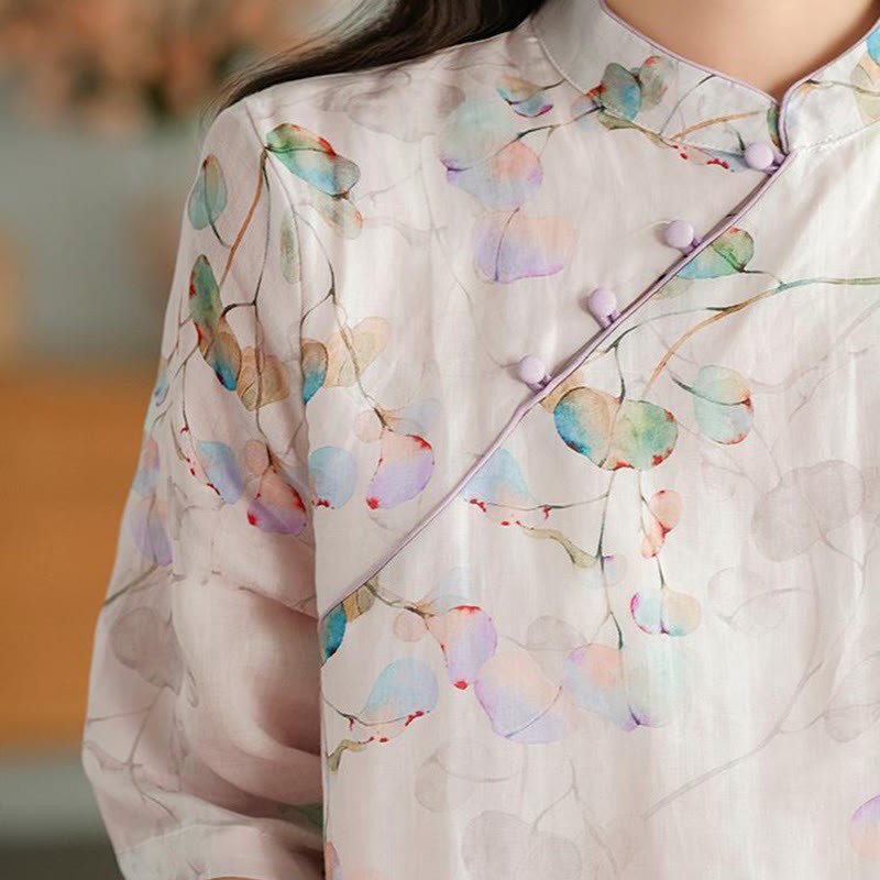 Frog-button Leaves Branches Midi Dress Cotton Linen Short Sleeve Dress With Pockets