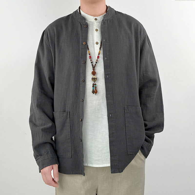 Casual Solid Color Ramie Linen Cotton Men's Shirt With Pockets
