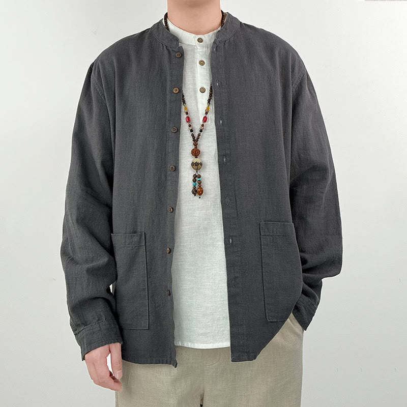 Casual Solid Color Ramie Linen Cotton Men's Shirt With Pockets