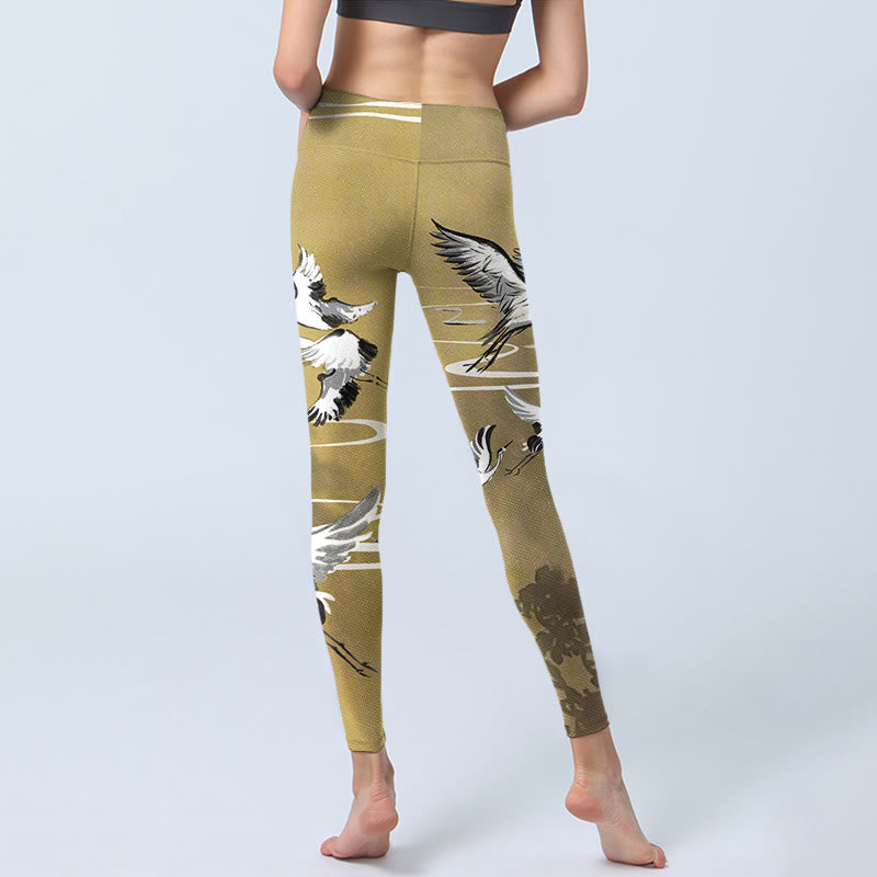 Trees Cloud Red-crowned Crane Pattern Print Gym Leggings Women's Yoga Pants